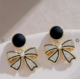 Korean Premium Waterproof Bow Earrings - Elegant Black and Gold Design